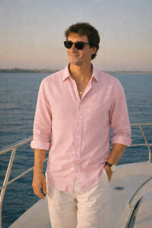 Men's Premium Pink Linen Full Sleeve Casual Shirt – Breathable Button-Down Regular Fit