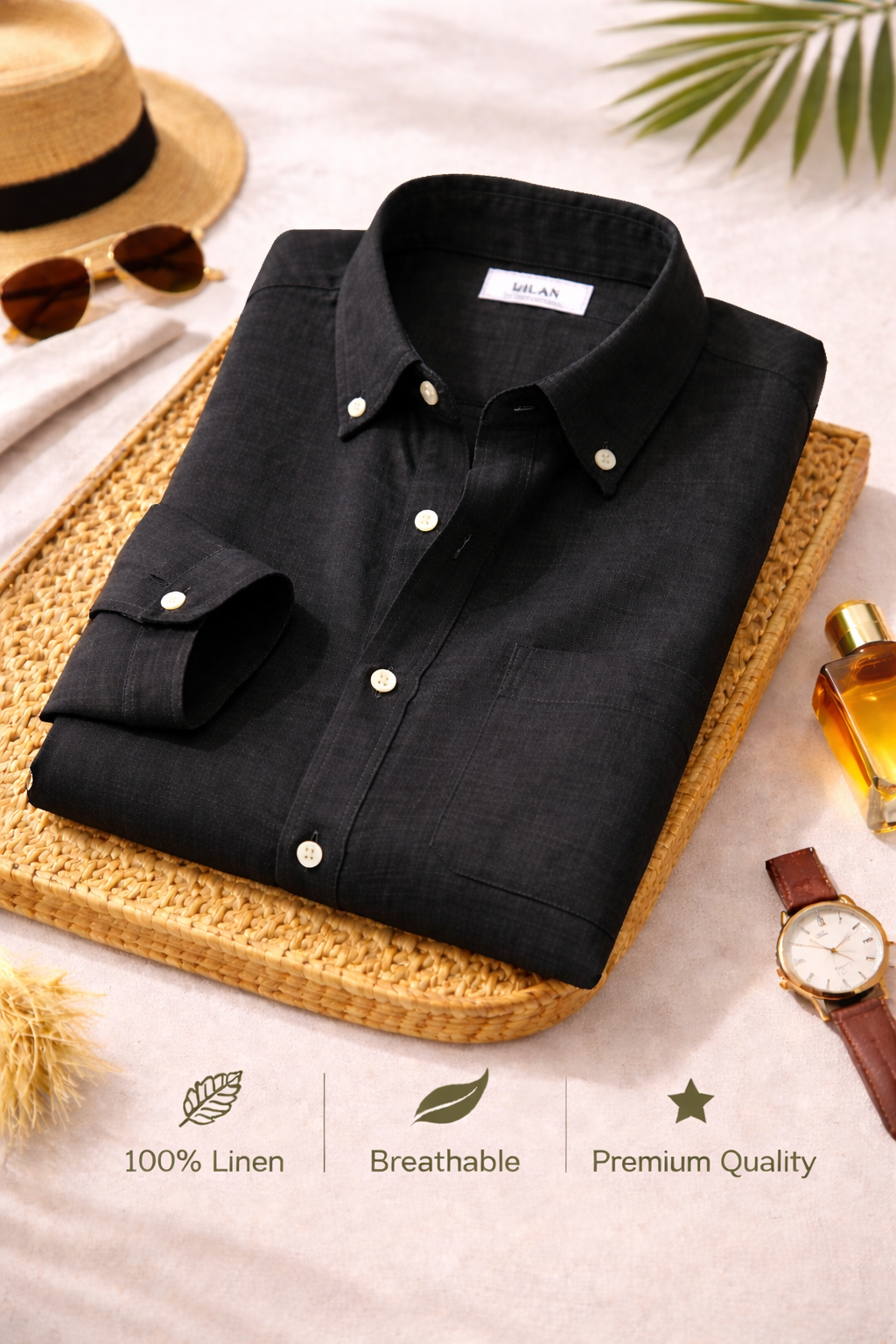 Men's Premium Black Linen Full Sleeve Casual Shirt – Breathable Button-Down Regular Fit