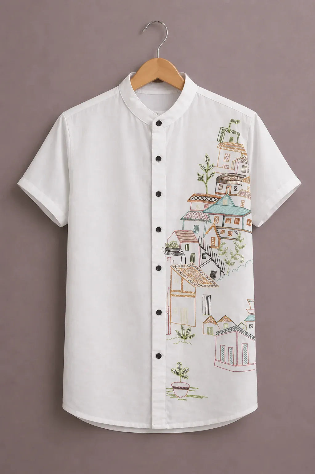 Men's Premium Cityscape Print Mandarin Collar Short Sleeve Casual Shirt – Cotton Blend Summer Wear