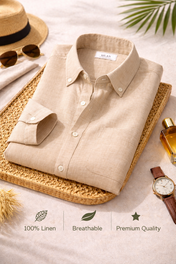 Men's Premium Beige Linen Full Sleeve Casual Shirt – Breathable Button-Down Cotton Linen Blend