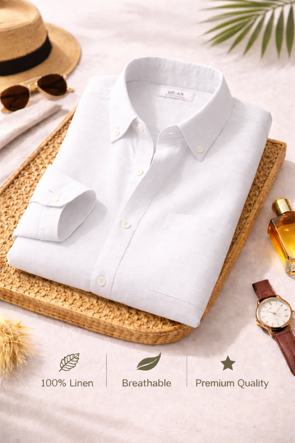 Men's Premium White Linen Full Sleeve Casual Shirt – Breathable Button-Down Regular Fit