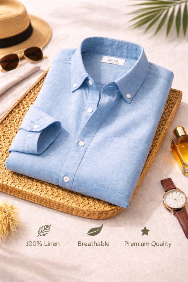 Men's Premium Sky Blue Linen Full Sleeve Casual Shirt – Breathable Button-Down Regular Fit