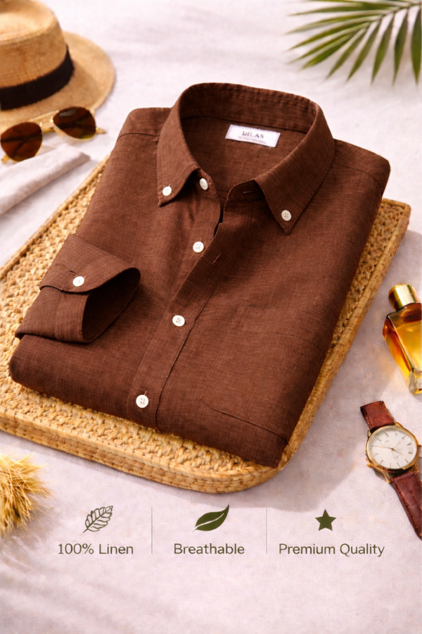 Men's Premium Brown Linen Full Sleeve Casual Shirt – Breathable Button-Down Regular Fit