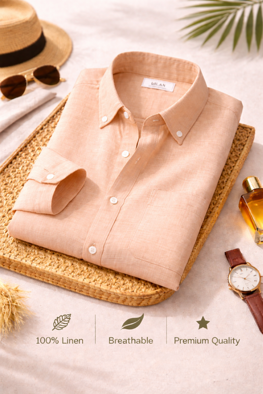 Men's Premium Peach Linen Full Sleeve Casual Shirt – Breathable Button-Down Regular Fit