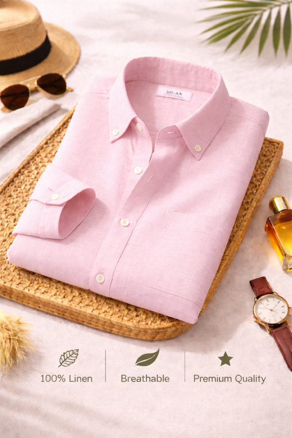 Men's Premium Pink Linen Full Sleeve Casual Shirt – Breathable Button-Down Regular Fit