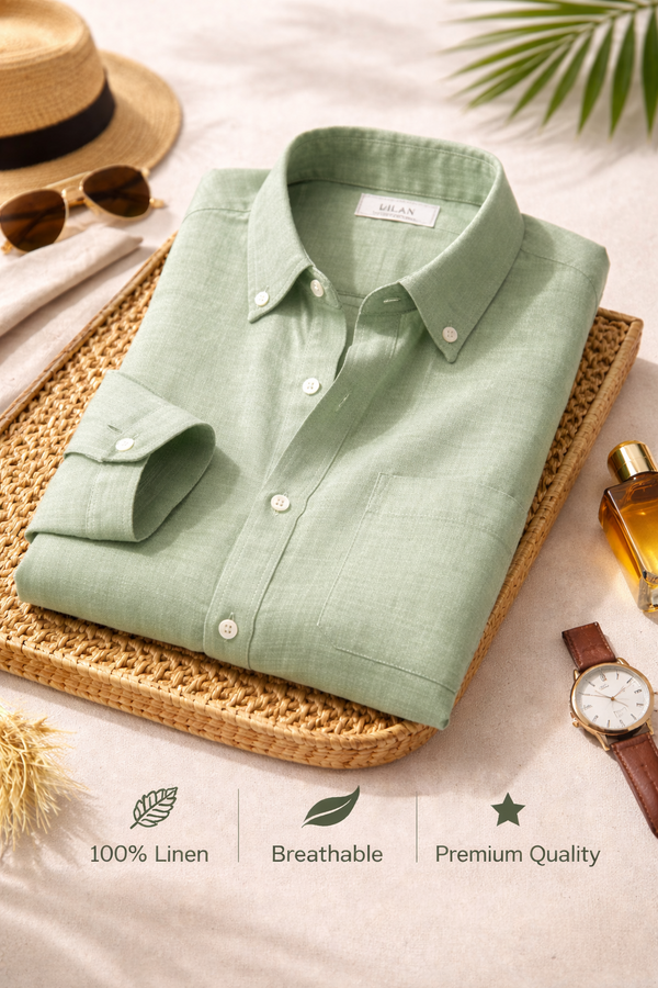 Men's Premium Sage Green Linen Full Sleeve Casual Shirt – Breathable Button-Down Regular Fit