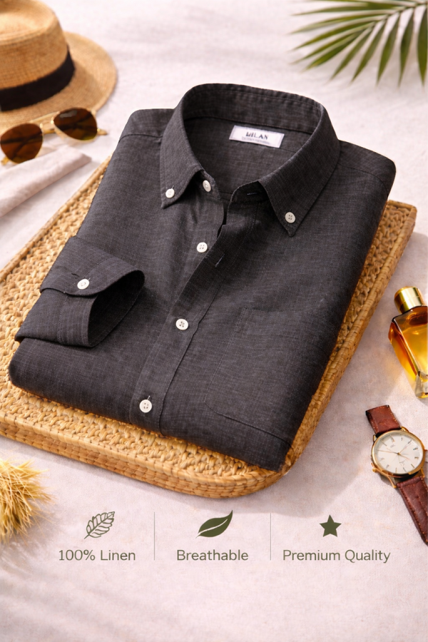 Men's Premium Charcoal Black Linen Full Sleeve Casual Shirt – Breathable Button-Down Regular Fit
