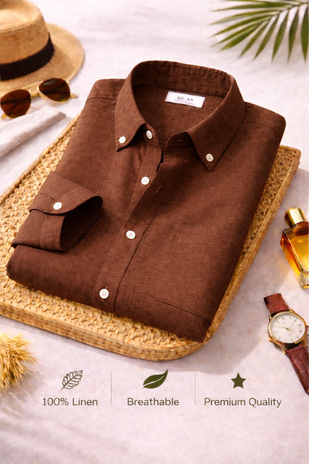 Men's Premium Brown Linen Full Sleeve Casual Shirt – Breathable Button-Down Regular Fit