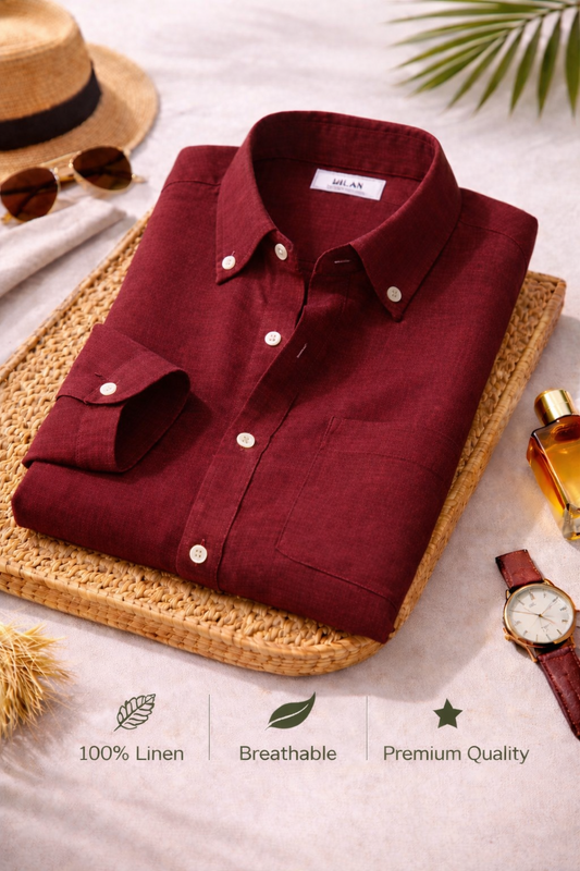 Men's Premium Maroon Linen Full Sleeve Casual Shirt – Breathable Button-Down Regular Fit