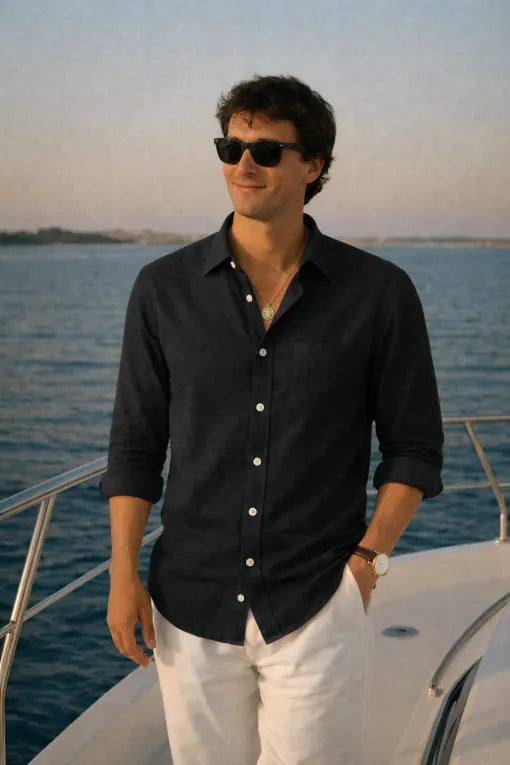 Men's Premium Black Linen Full Sleeve Casual Shirt – Breathable Button-Down Regular Fit
