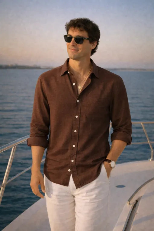 Men's Premium Brown Linen Full Sleeve Casual Shirt – Breathable Button-Down Regular Fit