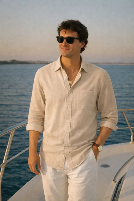Men's Premium Beige Linen Full Sleeve Casual Shirt – Breathable Button-Down Cotton Linen Blend