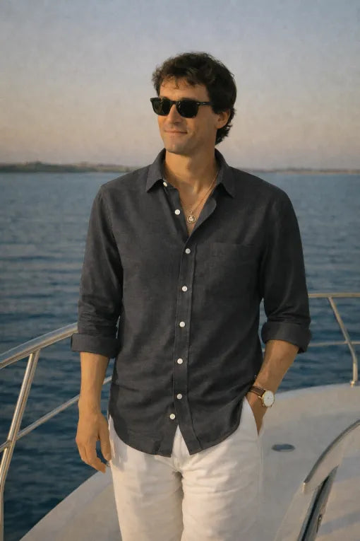 Men's Premium Charcoal Black Linen Full Sleeve Casual Shirt – Breathable Button-Down Regular Fit
