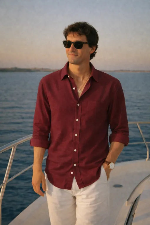 Men's Premium Maroon Linen Full Sleeve Casual Shirt – Breathable Button-Down Regular Fit
