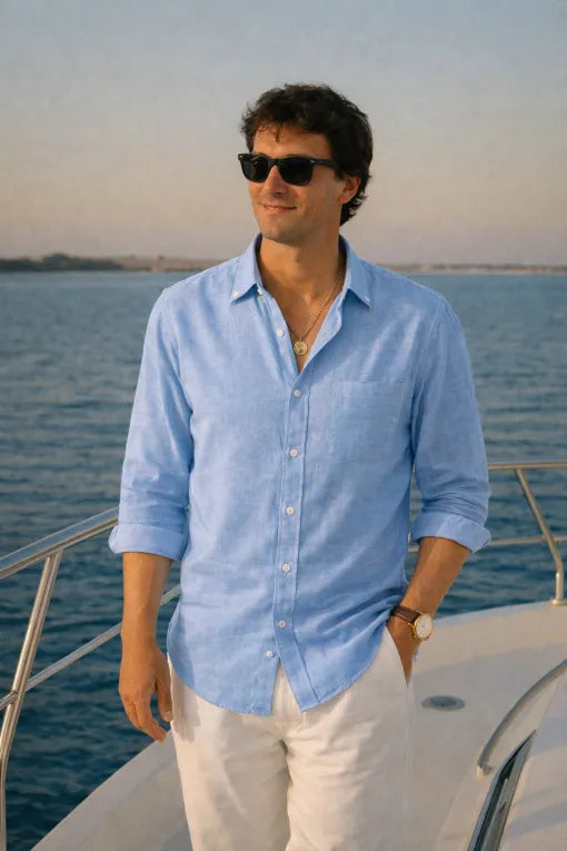Men's Premium Sky Blue Linen Full Sleeve Casual Shirt – Breathable Button-Down Regular Fit