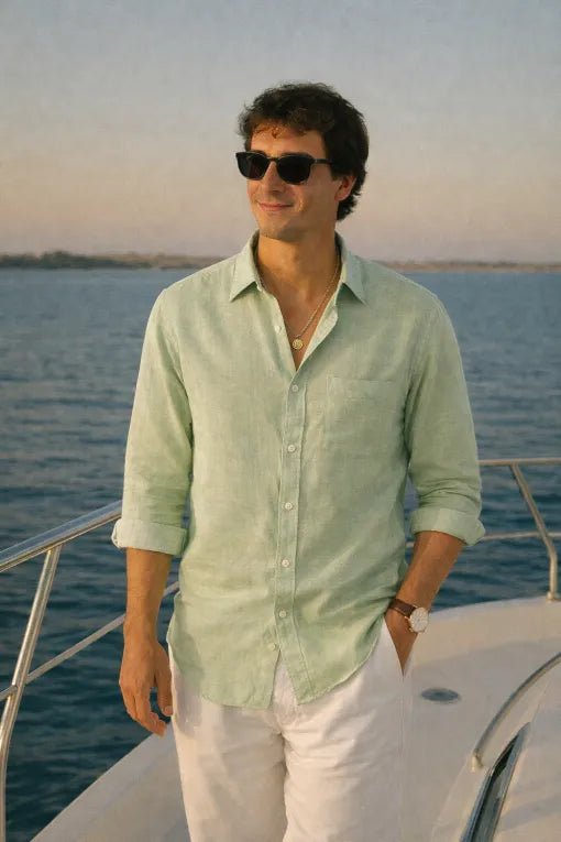 Men's Premium Sage Green Linen Full Sleeve Casual Shirt – Breathable Button-Down Regular Fit