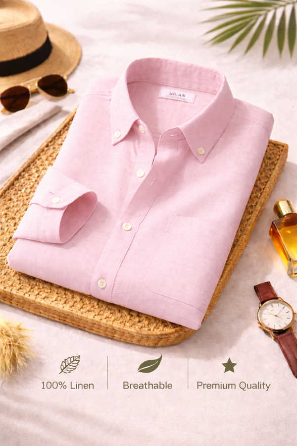 Men's Premium Pink Linen Full Sleeve Casual Shirt – Breathable Button-Down Regular Fit