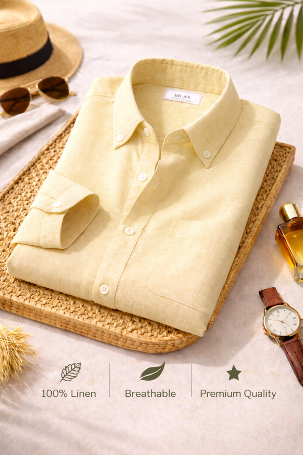 Men's Premium Light Yellow Linen Full Sleeve Casual Shirt – Breathable Button-Down Regular Fit