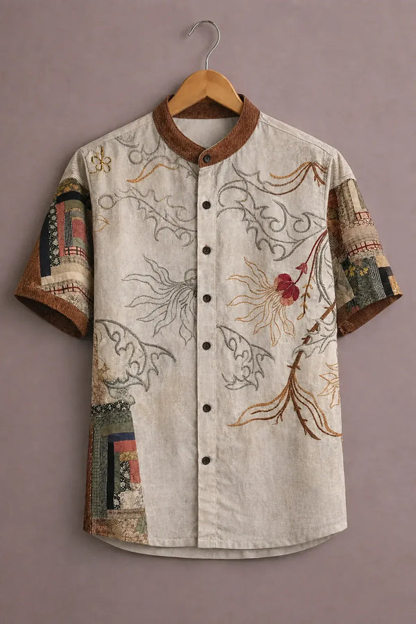 Men's Premium Vintage Floral Print Short Sleeve Mandarin Collar Casual Shirt – Ethnic Summer Cotton Blend