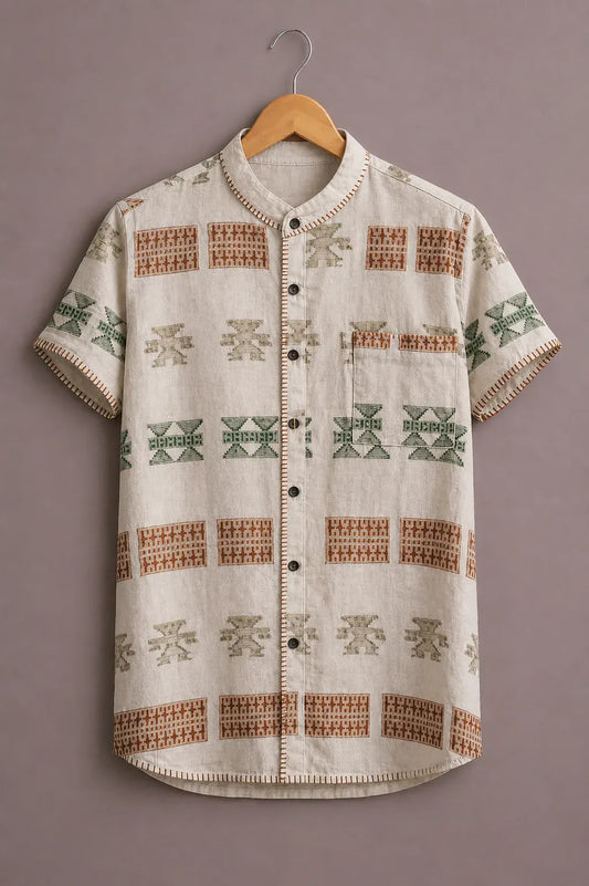 Men's Premium Tribal Geometric Print Mandarin Collar Short Sleeve Casual Shirt – Cotton Linen Blend Summer Wear