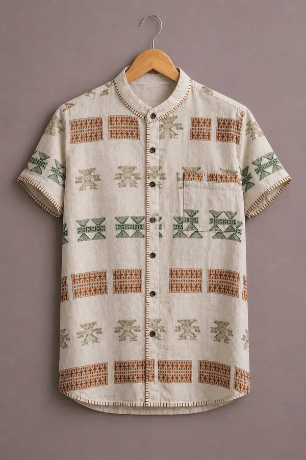 Men's Premium Tribal Geometric Print Mandarin Collar Short Sleeve Casual Shirt – Cotton Linen Blend Summer Wear