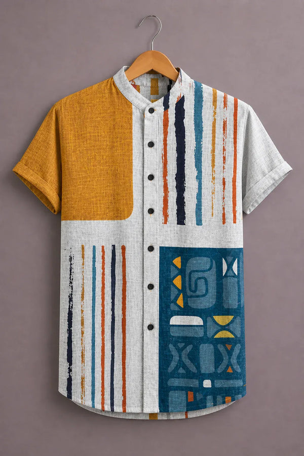 Men's Premium Abstract Geometric Print Mandarin Collar Short Sleeve Casual Shirt – Cotton Linen Blend Summer Wear