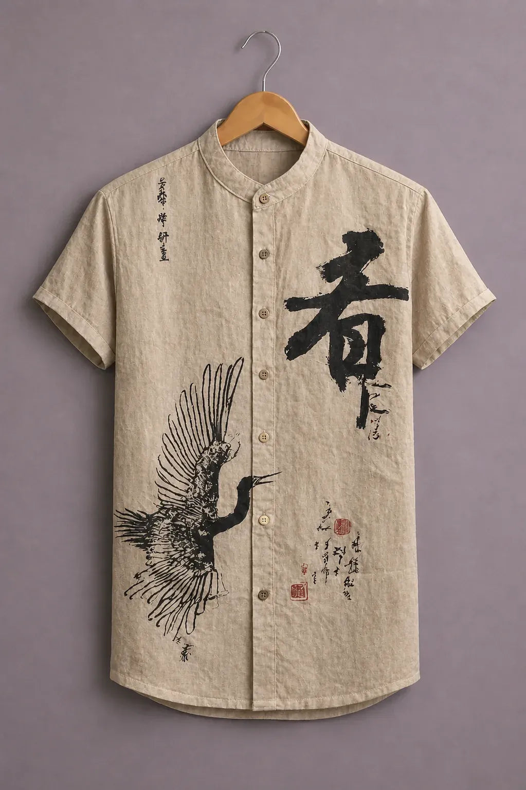 Men's Premium Japanese Calligraphy Crane Print Mandarin Collar Short Sleeve Casual Shirt – Cotton Linen Blend Summer Wear