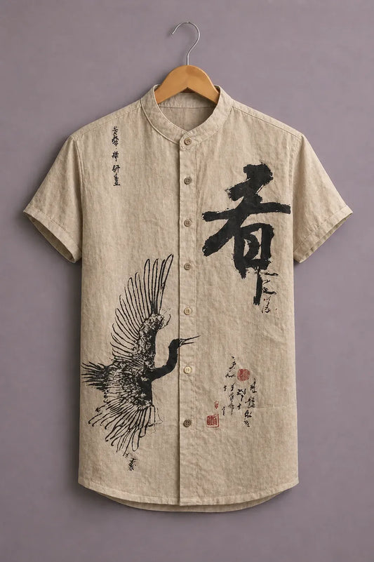 Men's Premium Japanese Calligraphy Crane Print Mandarin Collar Short Sleeve Casual Shirt – Cotton Linen Blend Summer Wear