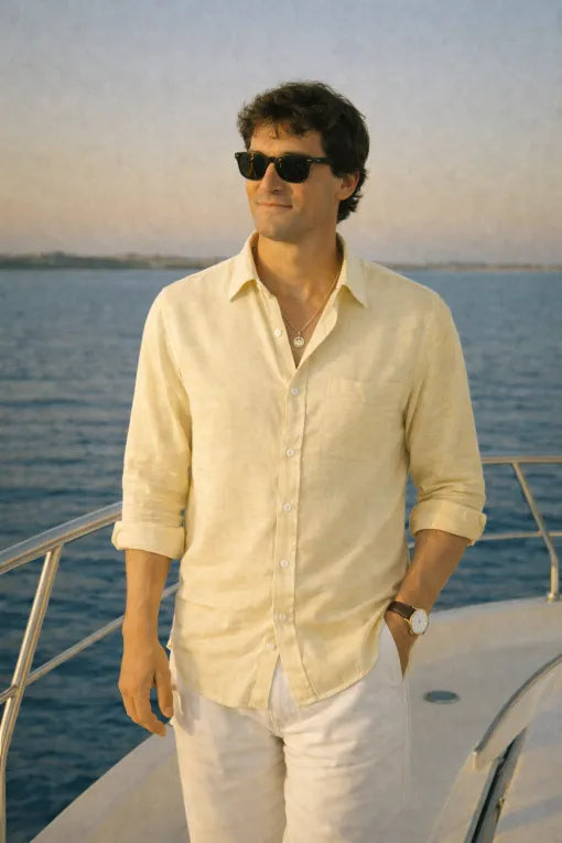 Men's Premium Light Yellow Linen Full Sleeve Casual Shirt – Breathable Button-Down Regular Fit