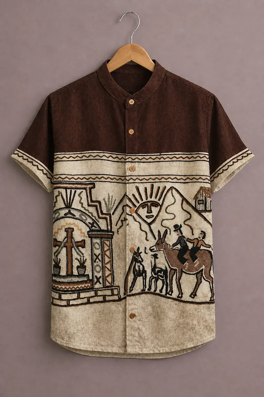 Men's Premium Tribal Print Short Sleeve Mandarin Collar Casual Shirt – Ethnic Summer Cotton Blend