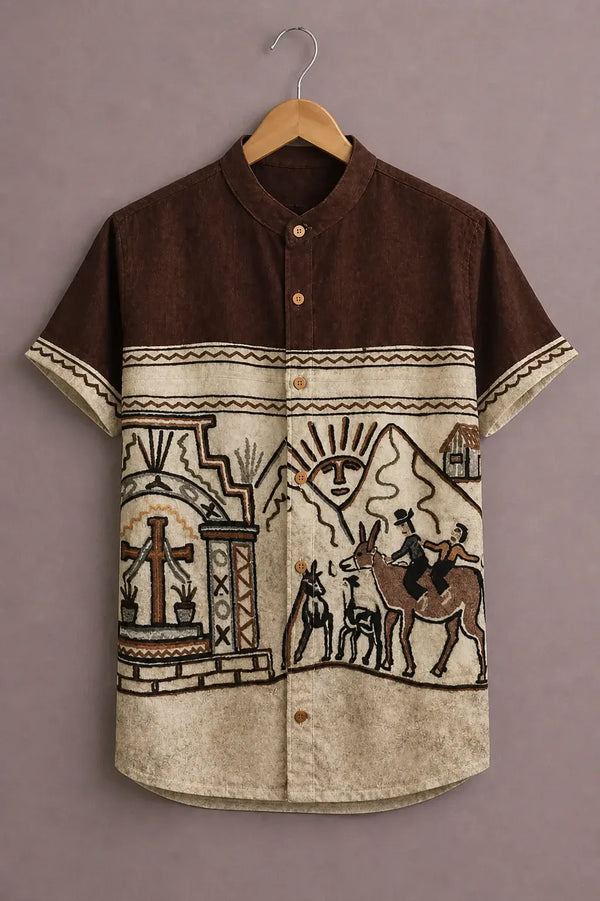 Men's Premium Tribal Print Short Sleeve Mandarin Collar Casual Shirt – Ethnic Summer Cotton Blend
