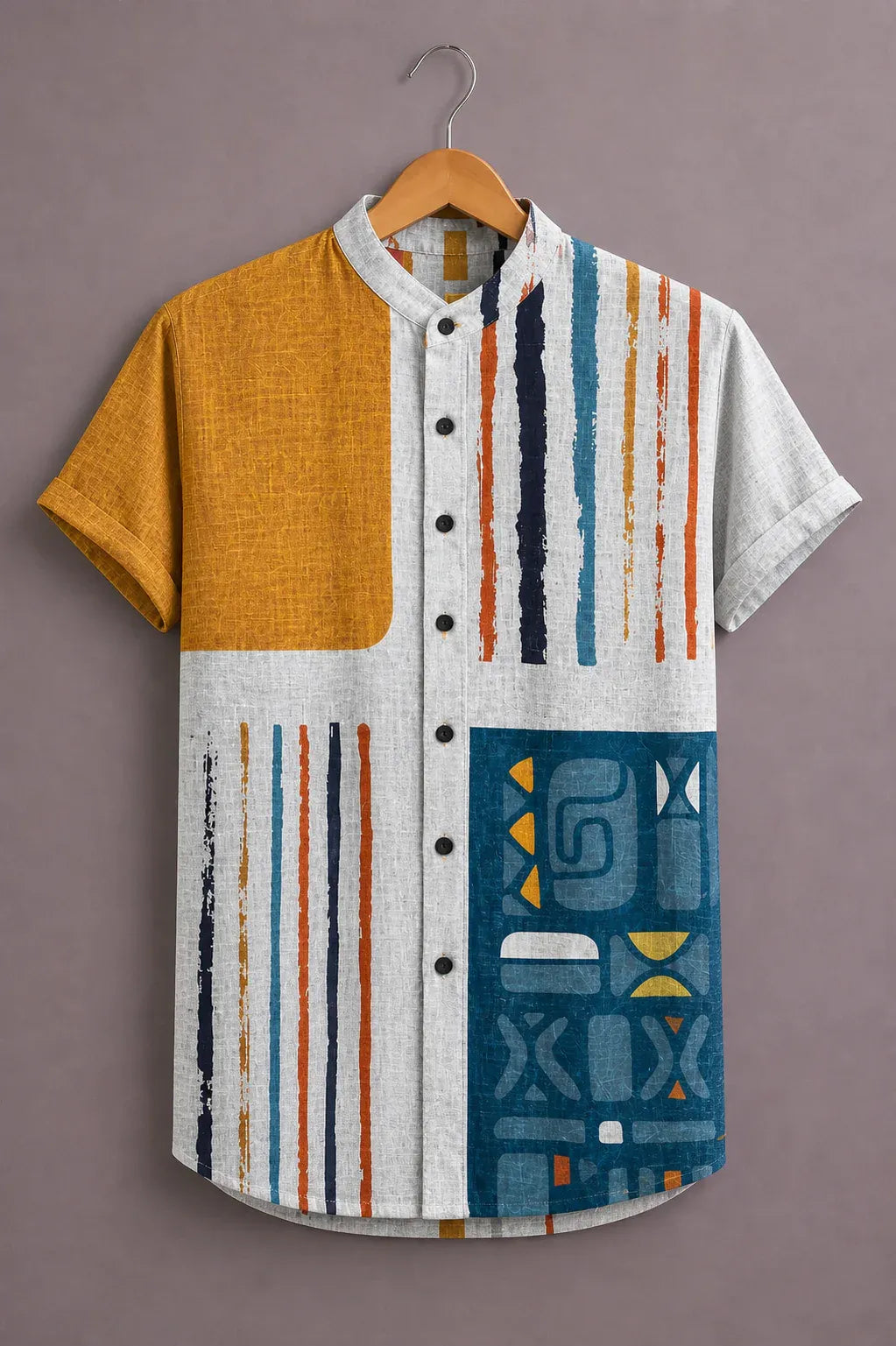 Men's Premium Abstract Geometric Print Mandarin Collar Short Sleeve Casual Shirt – Cotton Linen Blend Summer Wear