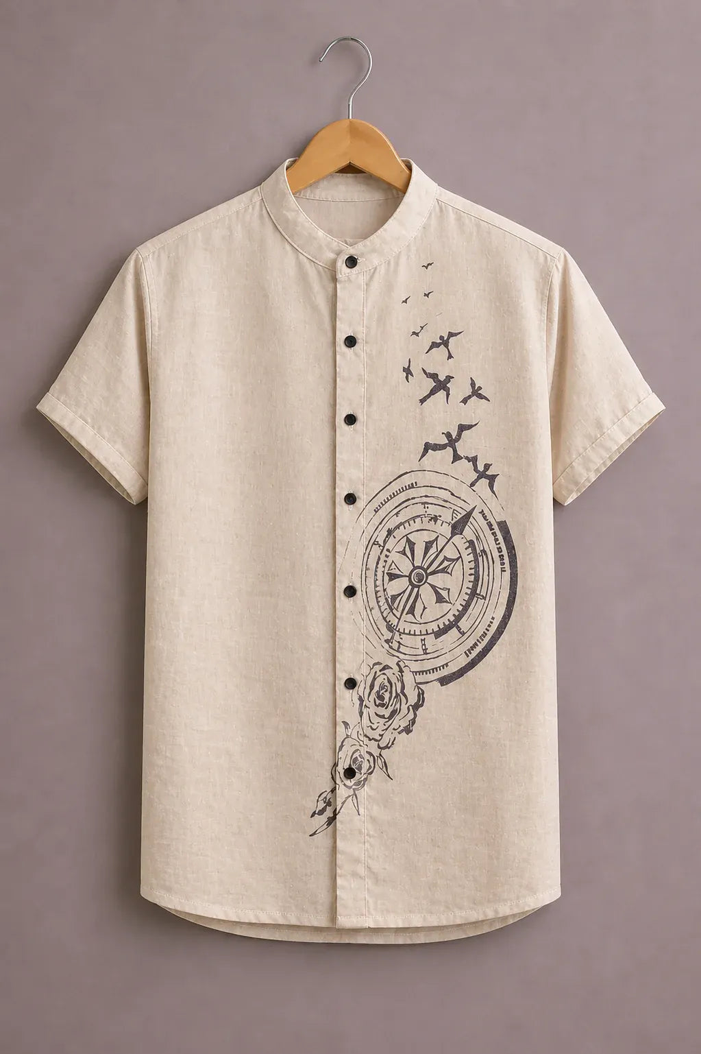 Men's Premium Compass Graphic Print Mandarin Collar Short Sleeve Casual Shirt – Cotton Linen Blend Summer Wear