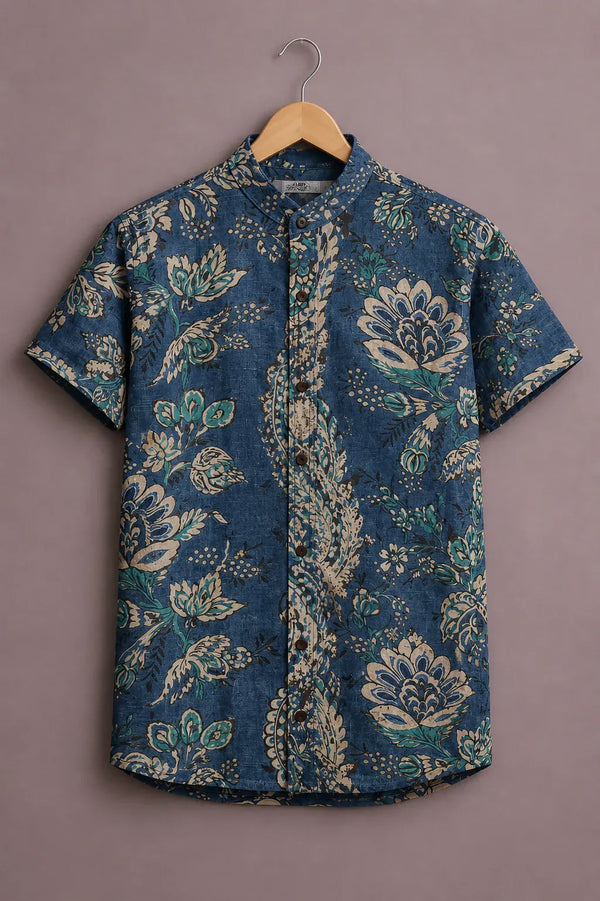 Men's Premium Vintage Floral Print Mandarin Collar Short Sleeve Casual Shirt – Cotton Linen Blend Summer Wear