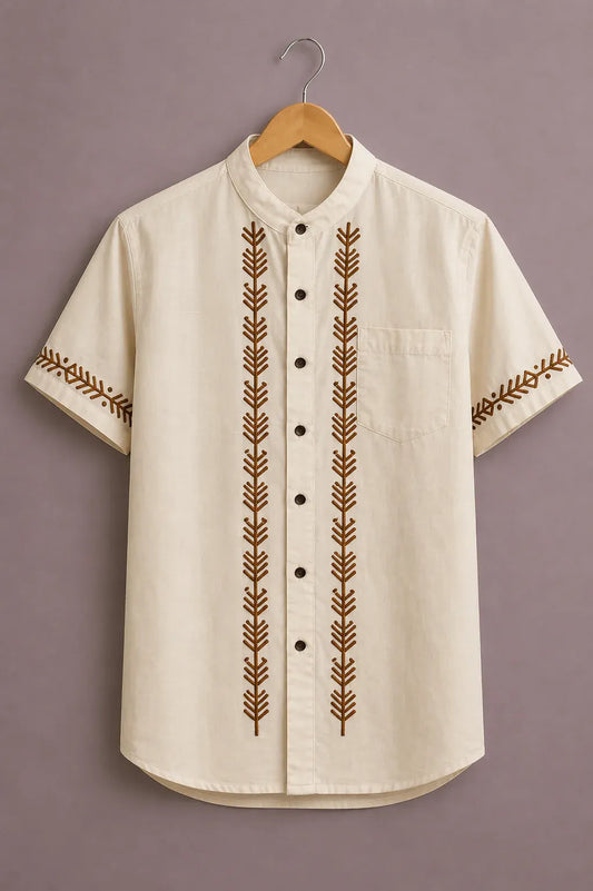 Men's Premium Embroidered Mandarin Collar Short Sleeve Casual Shirt – Ethnic Cotton Blend Summer Wear