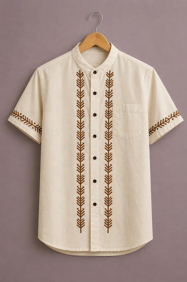 Men's Premium Embroidered Mandarin Collar Short Sleeve Casual Shirt – Ethnic Cotton Blend Summer Wear