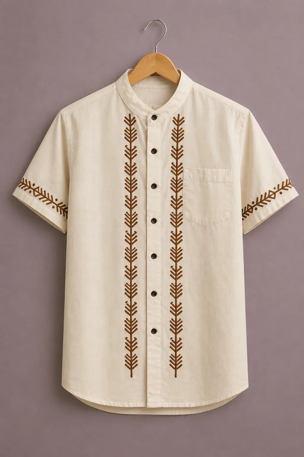 Men's Premium Embroidered Mandarin Collar Short Sleeve Casual Shirt – Ethnic Cotton Blend Summer Wear