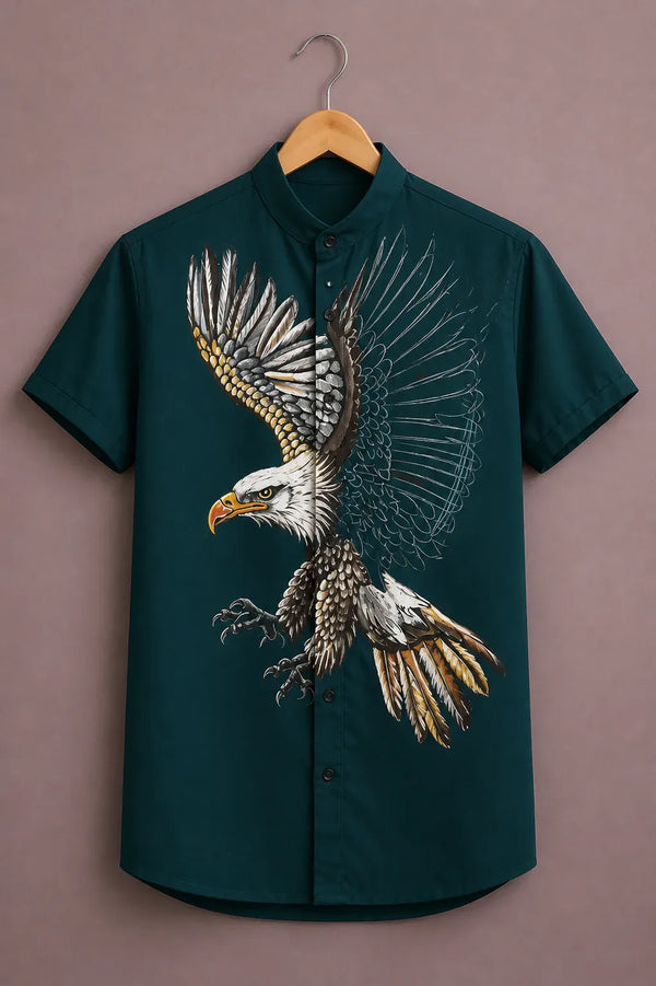 Men's Premium Eagle Graphic Print Mandarin Collar Short Sleeve Casual Shirt – Cotton Blend Summer Wear