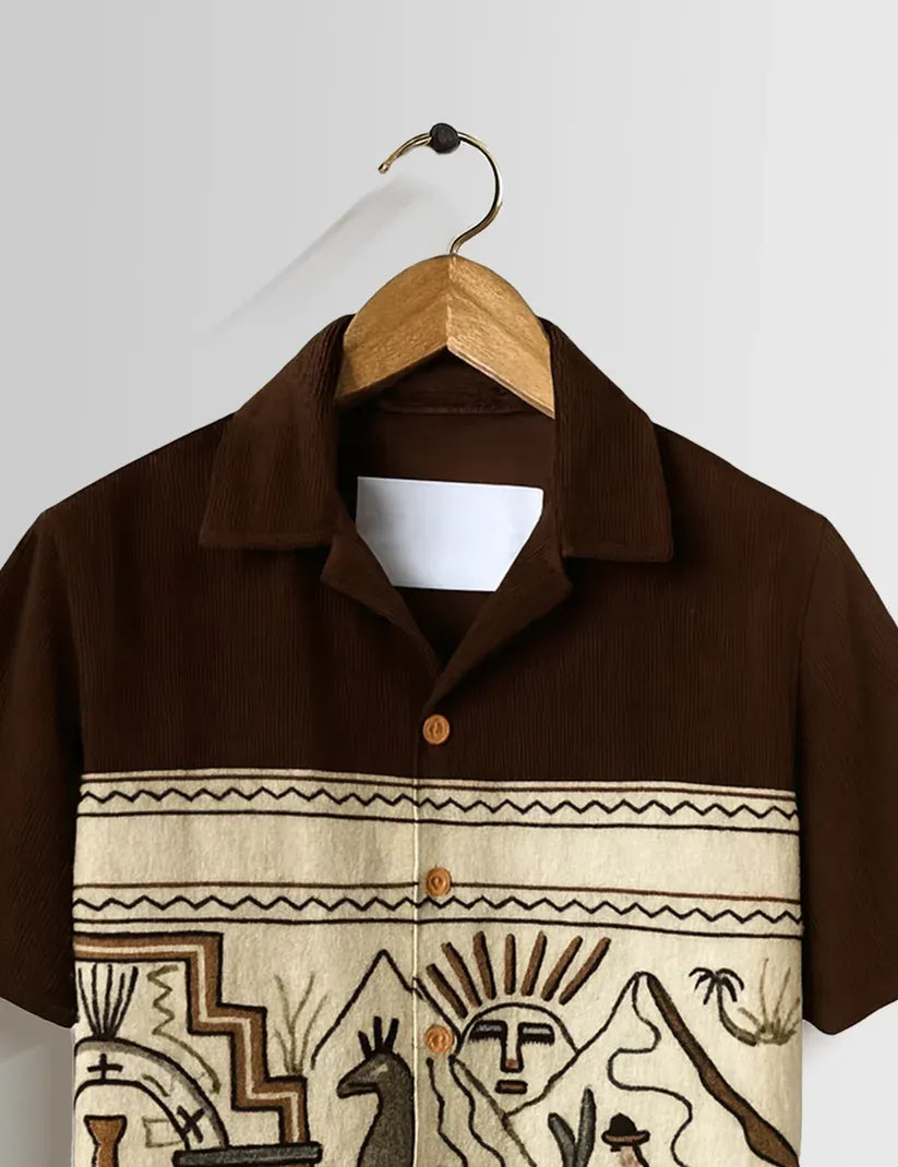 Men's Premium Tribal Print Short Sleeve Mandarin Collar Casual Shirt – Ethnic Summer Cotton Blend