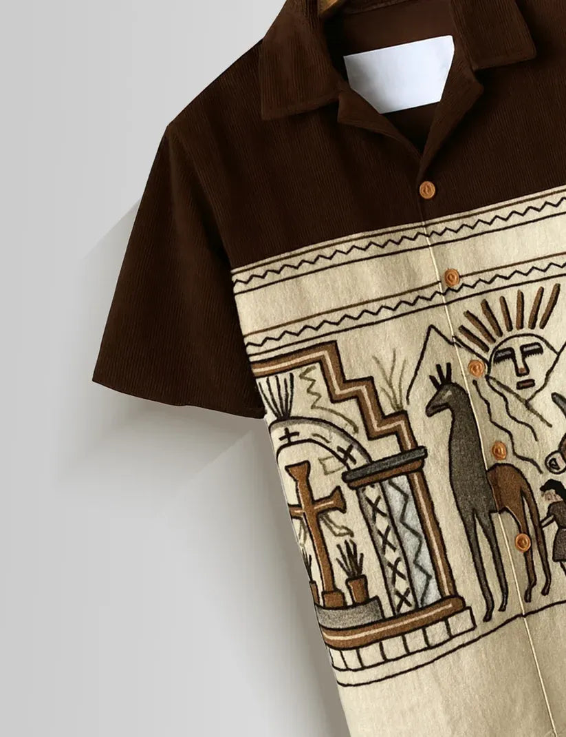 Men's Premium Tribal Print Short Sleeve Mandarin Collar Casual Shirt – Ethnic Summer Cotton Blend