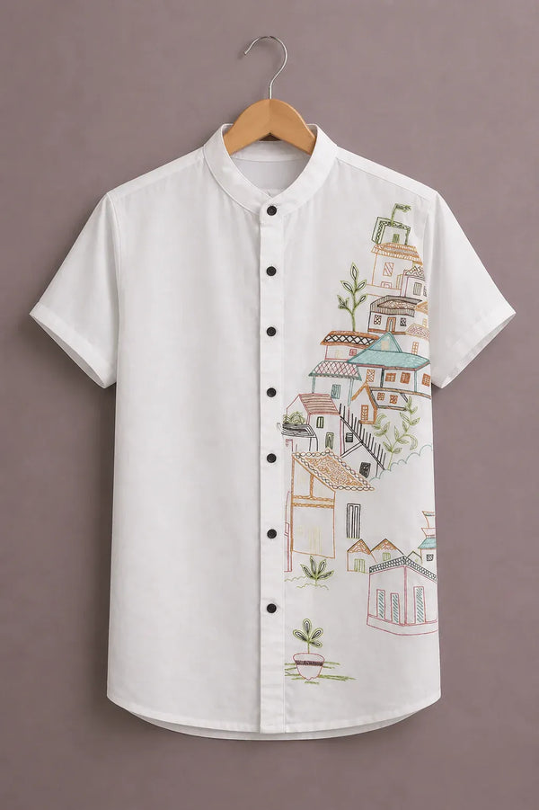 Men's Premium Cityscape Print Mandarin Collar Short Sleeve Casual Shirt – Cotton Blend Summer Wear